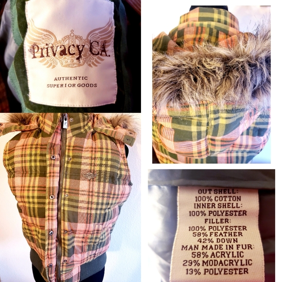 NWOT Privacy Plaided Fur Hoodie Vest - Picture 3 of 3
